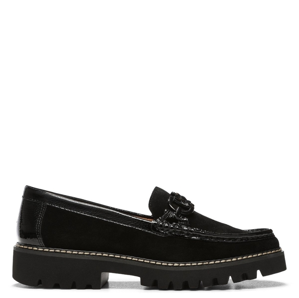 Donald Pliner 7M Black Suede & Patent Leather Lug Sole Loafers Gunmetal Horsebit - Picture 5 of 11